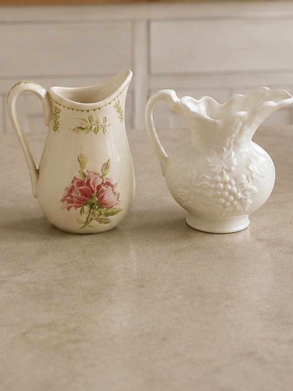 Vintage Ceramic Pitchers Set of 2 Floral White Embossed Cottage Farmhouse Decor